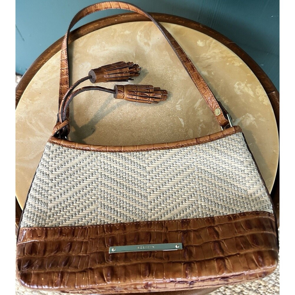 Vtg Brahmin Tisbury Woven Shoulder Bag Purse Pecan Croc Leather Straw 9.5x6.5
